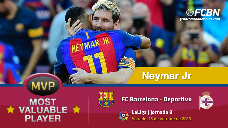 Neymar Jr, celebrating with Messi a goal against the Sportive