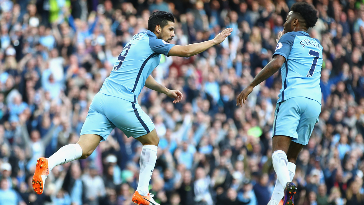 Nolito, celebrating a goal beside Sterling in the Manchester City
