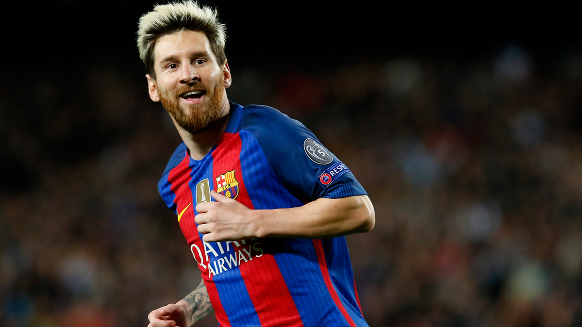 Leo Messi celebrating one of his goals in the Barça-Manchester City