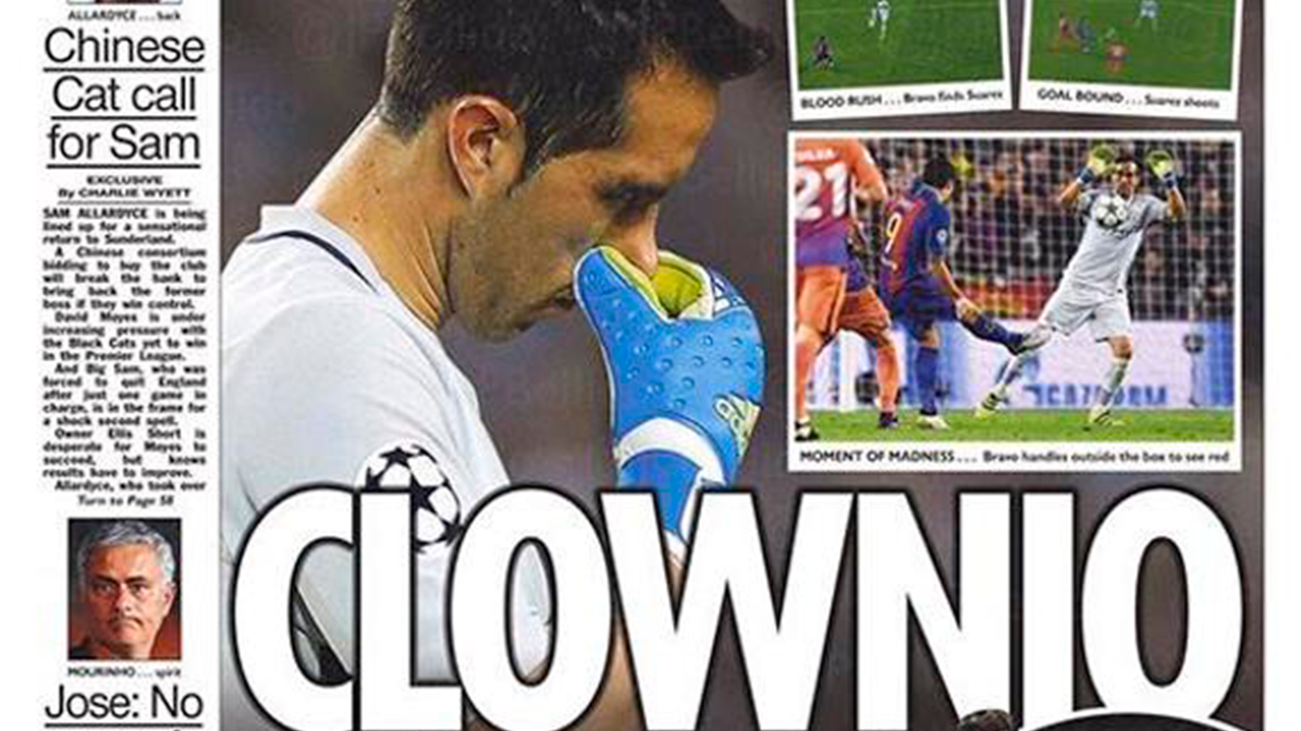 The cover of The Sun after the error of Claudio Bravo in the Barça-City