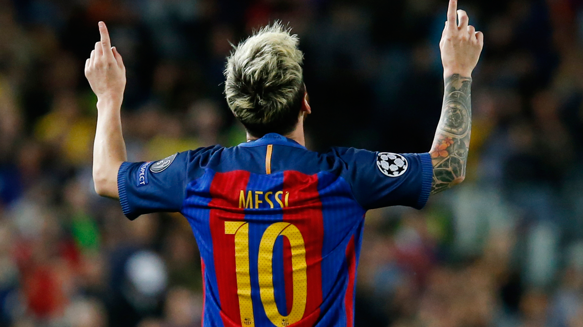 Leo Messi, celebrating one of the marked goals to the Manchester City