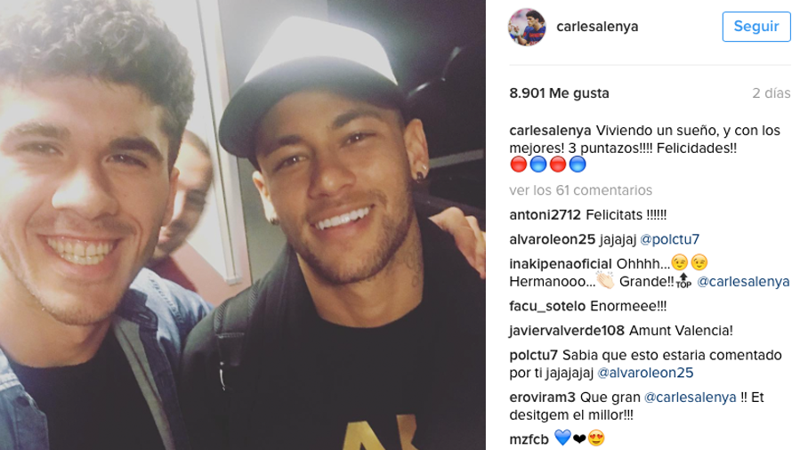 Carles Aleñá, junto a Neymar Jr tras ganar al Valencia en Mestalla