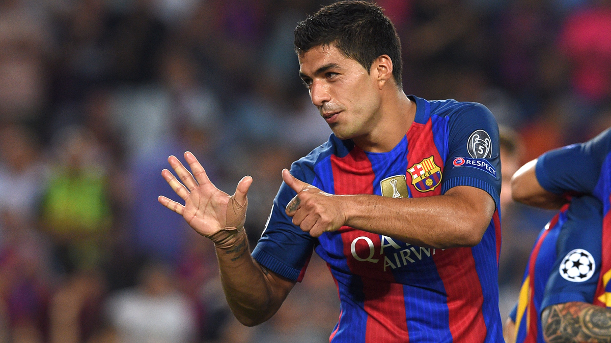 Luis Suárez, after marking a goal with the FC Barcelona