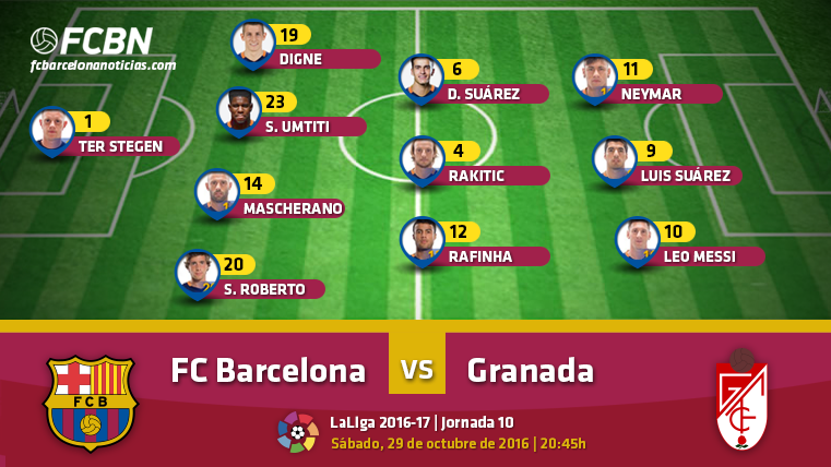 This is the eleven of the FC Barcelona in front of the Granada CF (League J10)
