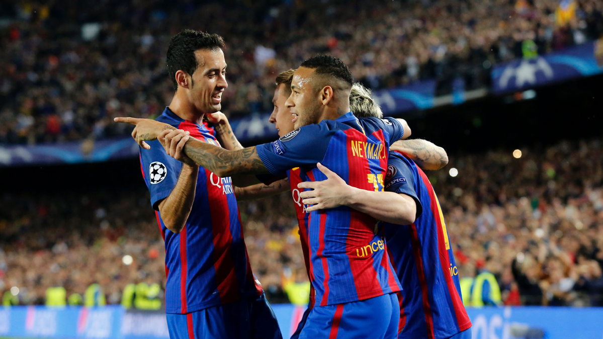 The FC Barcelona, celebrating a goal against the Manchester City