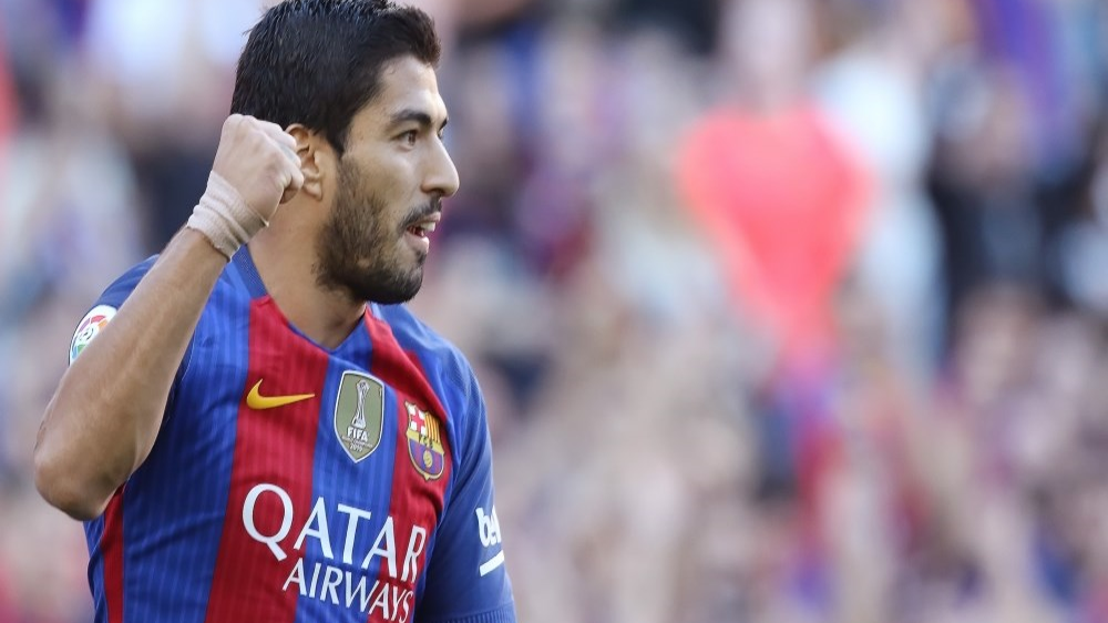 Luis Suárez, just after marking a goal with the FC Barcelona