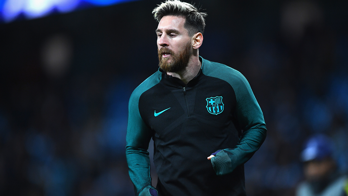 Leo Messi en el calentamiento ante del Manchester City-FC Barcelona