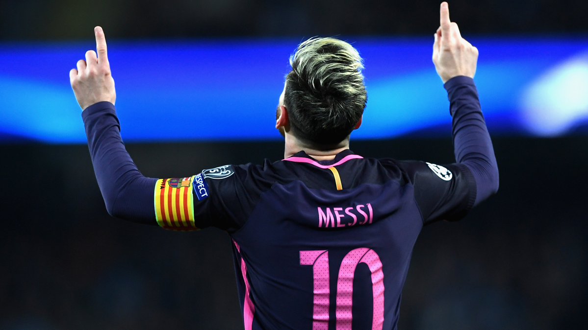 Leo Messi, celebrating the marked goal to the Manchester City