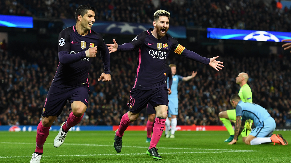 Leo Messi, celebrating the marked goal against the Manchester City in England