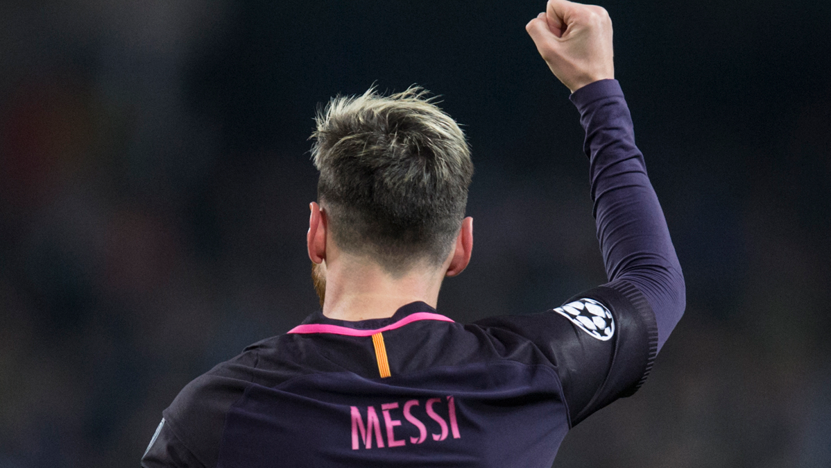 Leo Messi, celebrating the goal annotated against the Manchester City