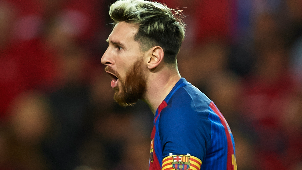 Leo Messi, celebrating a marked goal against the Seville