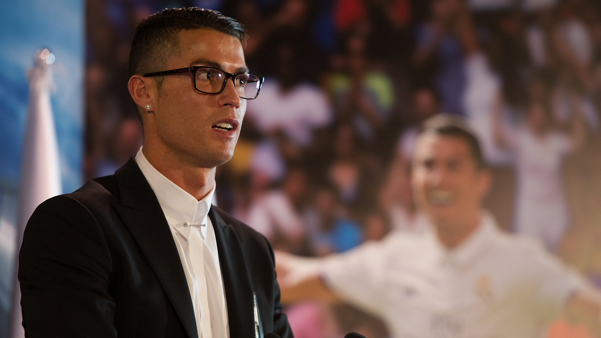 Cristiano Ronaldo, durante el acto de renovación con el Real Madrid