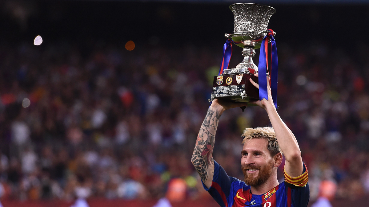 Leo Messi, celebrando el último título de Liga con el FC Barcelona