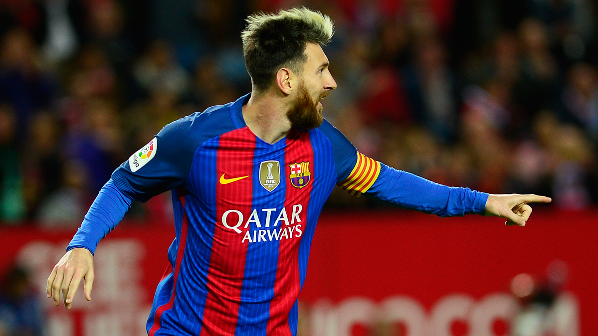 Leo Messi, celebrando un gol con el Barça marcado en Sevilla