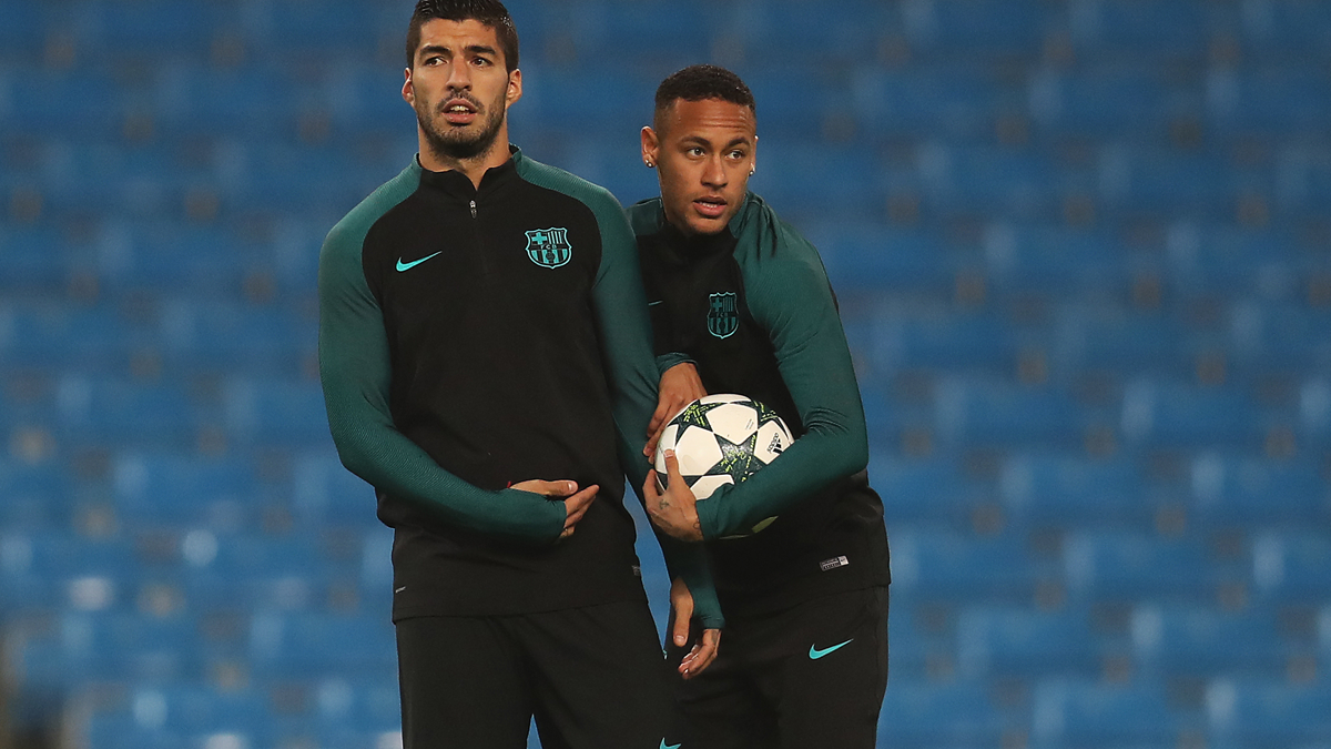 Neymar Jr And Luis Suárez, during a session of training
