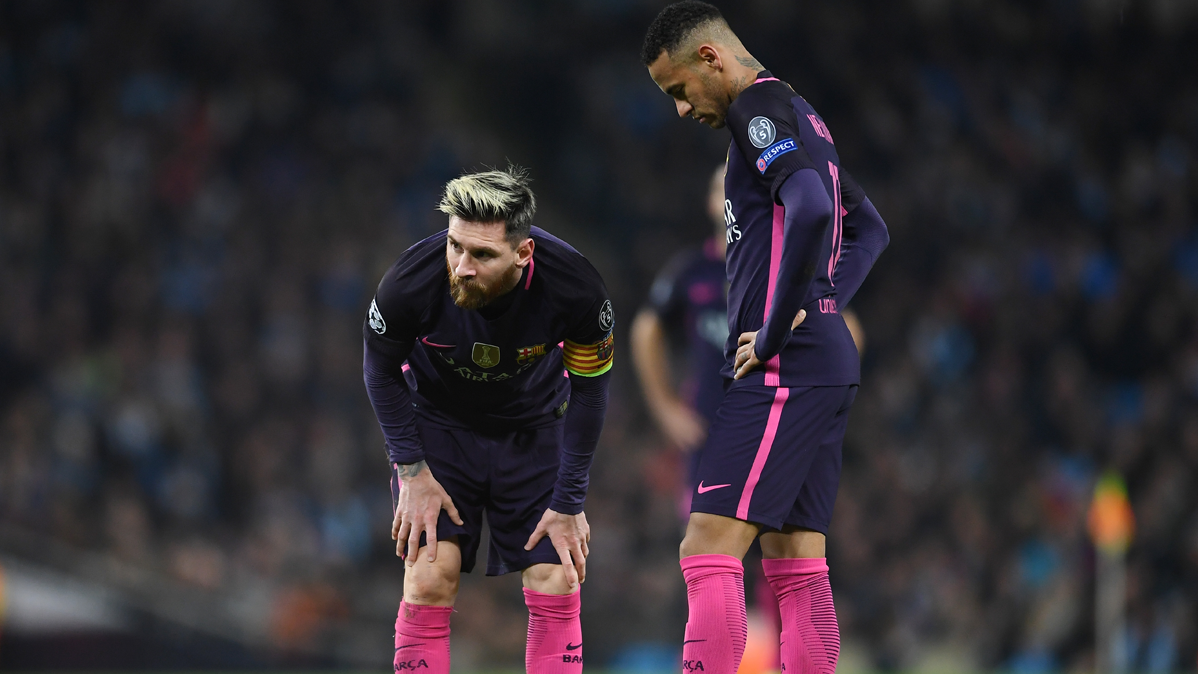 Leo Messi and Neymar Jr, during the last party against the Manchester City