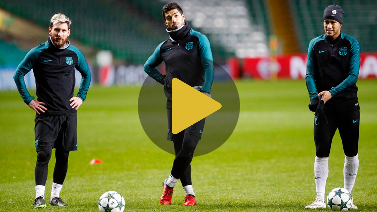 Leo Messi, Luis Suárez y Neymar Júnior en el entreno previo al Celtic-Barça