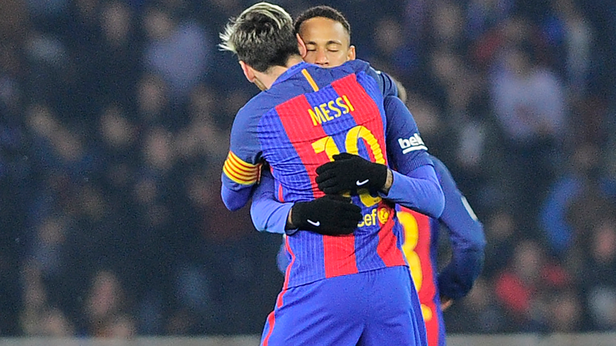Leo Messi, celebrating with Neymar Jr the goal of the FC Barcelona