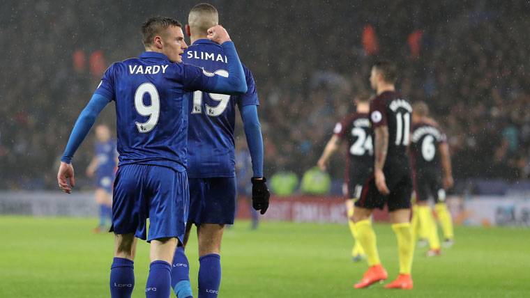 Jamie Vardy, celebrating a marked goal to the Manchester City