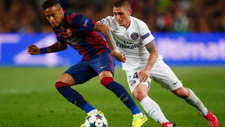 Neymar Jr, intentando marcharse de Verratti en un Barça-PSG