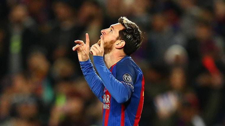 Leo Messi celebra su último gol en Champions ante el Borussia Mönchengladbach