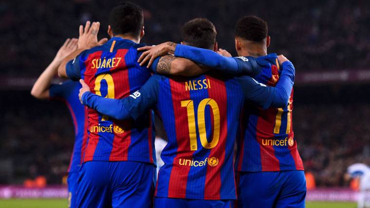 The FC Barcelona, celebrating one of the goals against the Espanyol