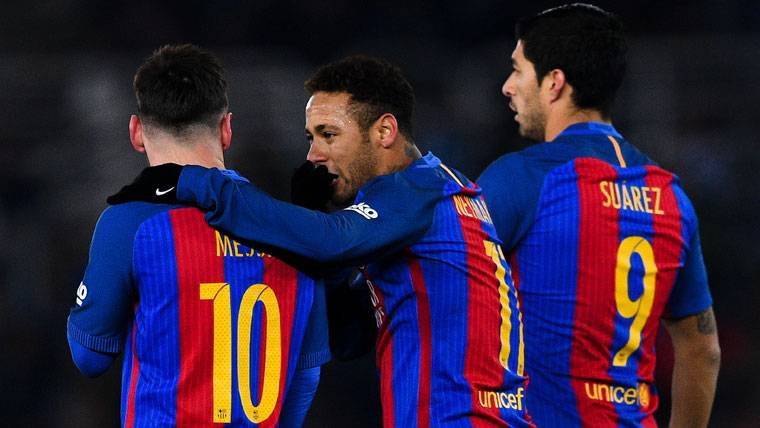 Leo Messi, Neymar y Luis Suárez, durante el partido en Anoeta