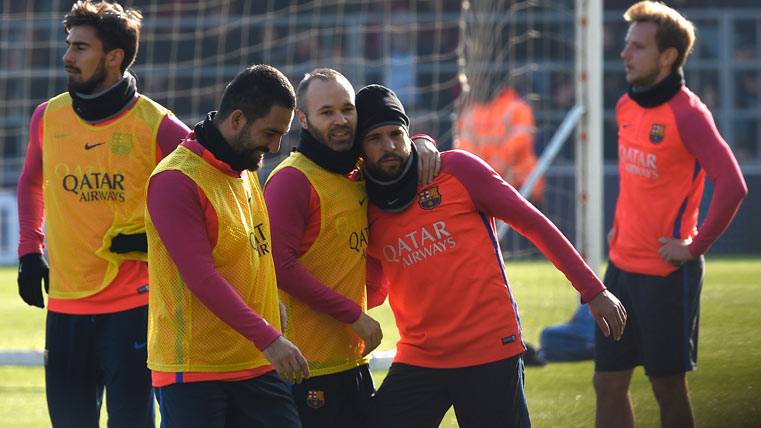 Andrés Iniesta, during a training with his mates