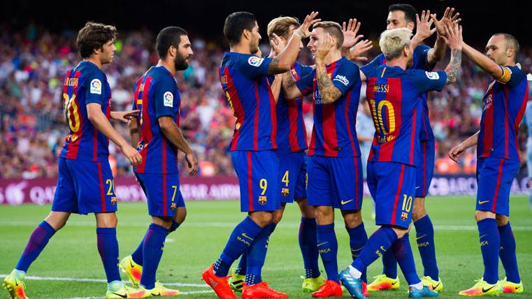 El FC Barcelona, celebrando un gol esta temporada en el Camp Nou