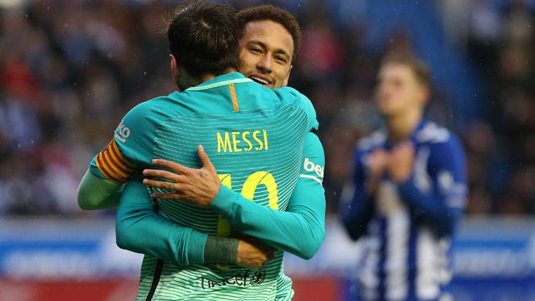 Leo Messi, celebrating a goal with Neymar Jr