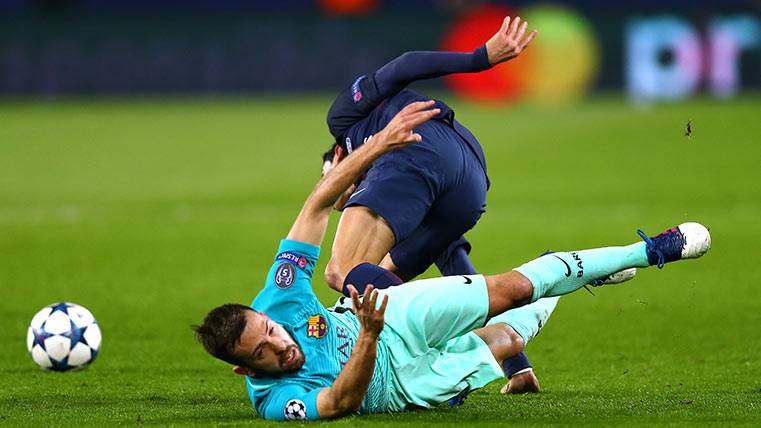 Jordi Alba, during an action in the PSG-FC Barcelona