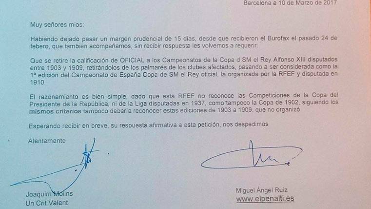 Esta es la carta certificada presentada para restarle cuatro Copa del Rey al Real Madrid