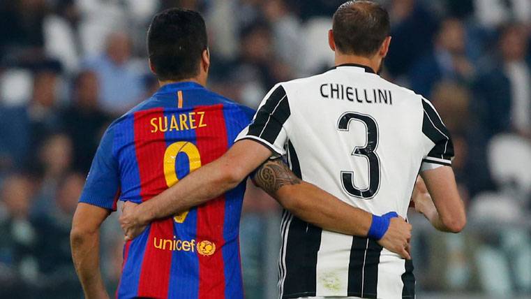 Luis Suárez y Giorgio Chiellini, saludándose en el Juventus Stadium