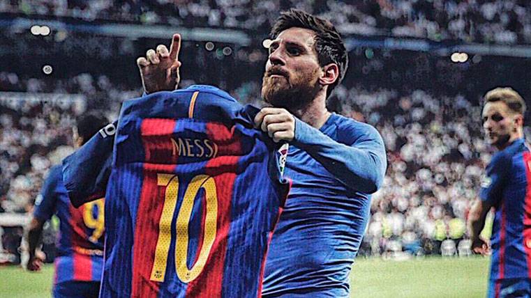 Leo Messi celebra el gol 500 con el Barça ante el Madrid