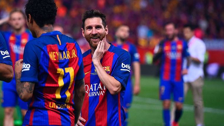 Leo Messi y Neymar Júnior en la celebración del título de Copa del Rey