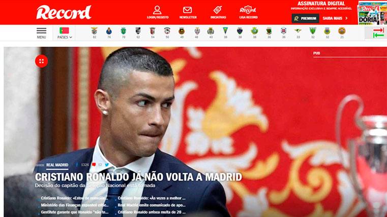 La portada de Record, dejando claro que Cristiano no volverá al Real Madrid