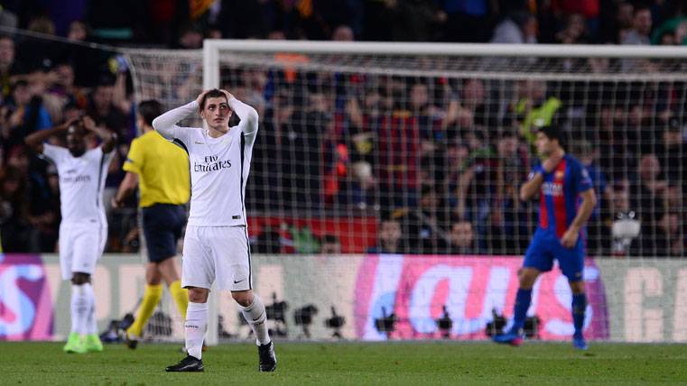 Marco Verratti, lamentándose tras encajar un gol contra el Barça
