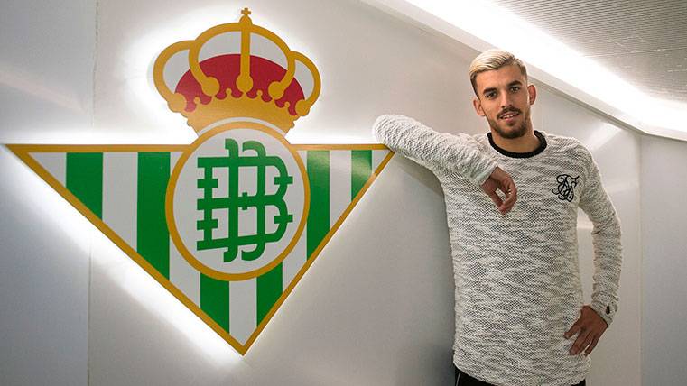 Dani Ceballos Poses beside the shield of the Real Betis Balompié