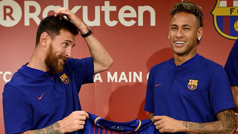Neymar y Leo Messi en un acto del FC Barcelona con Rakuten