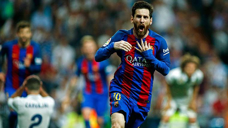 Leo Messi celebrates a goal in the last classical in Santiago Bernabéu