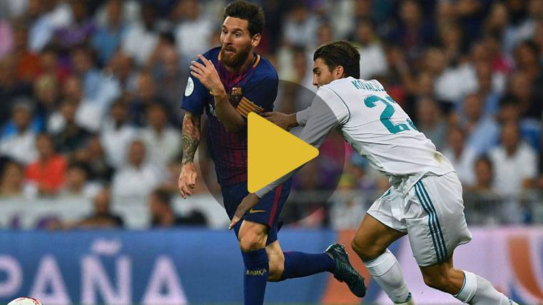 Leo Messi, intentando desbordar contra el Real Madrid