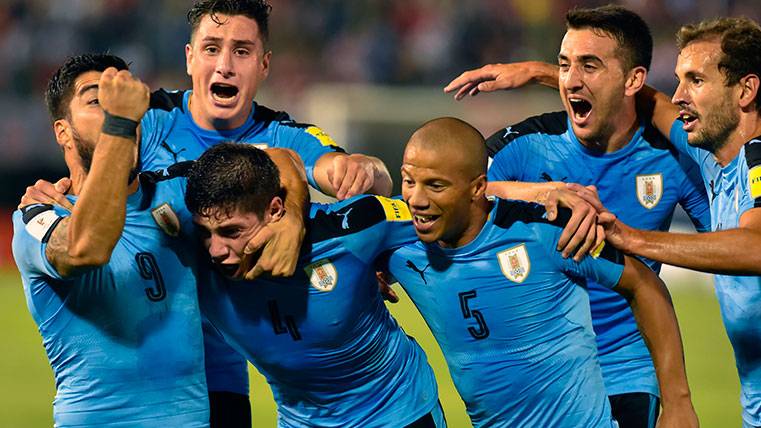 Luis Suárez celebra con sus compañeros uno de los goles de Uruguay