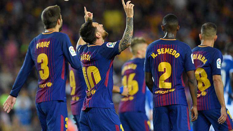 Leo Messi, celebrando uno de sus goles al Espanyol