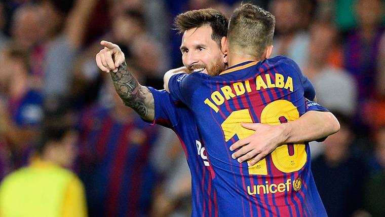 Leo Messi, celebrating one of his goals to the Juventus with Jordi Alba