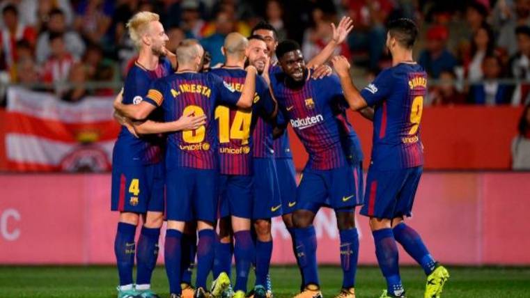 El Barça celebra el 0-1 ante el Girona