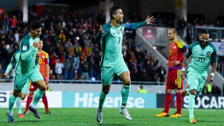 Cristiano Ronaldo celebrating a goal with Portugal
