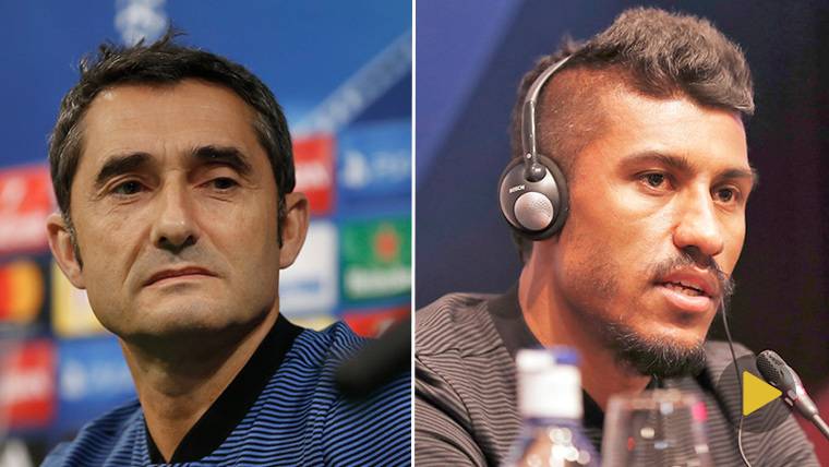 Ernesto Valverde and Paulinho, in press conference with the FC Barcelona