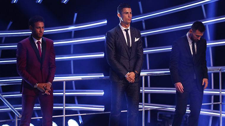Neymar, Cristiano Ronaldo and Leo Messi in the gala of the 'The Best' of the FIFA