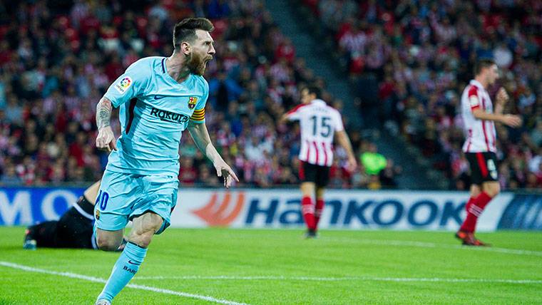 Messi, celebrando el gol marcado contra el Athletic en La Catedral