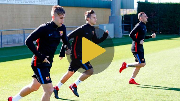 Gerard Deulofeu, Denis Suárez y Paco Alcácer, en un entrenamiento del Barça